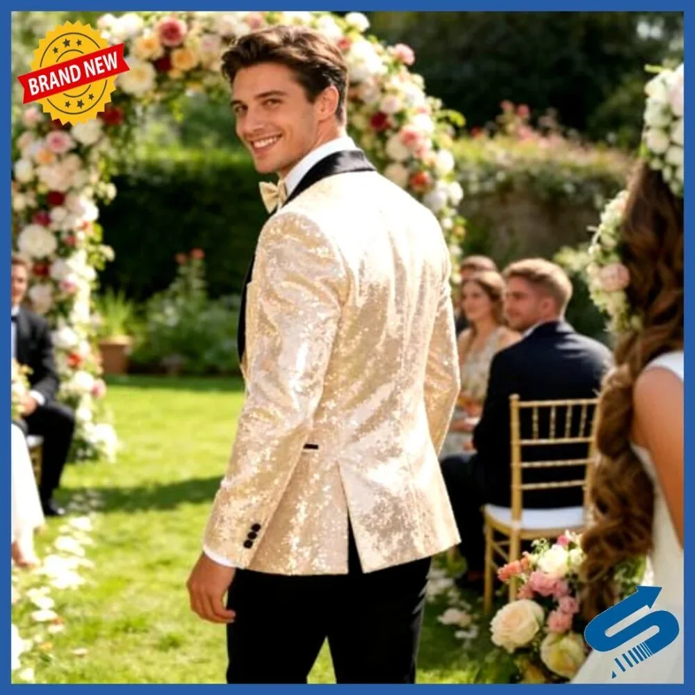 Men's Sequin Tuxedo Suit Set Slim Fit Prom Wedding Party Formal Attire